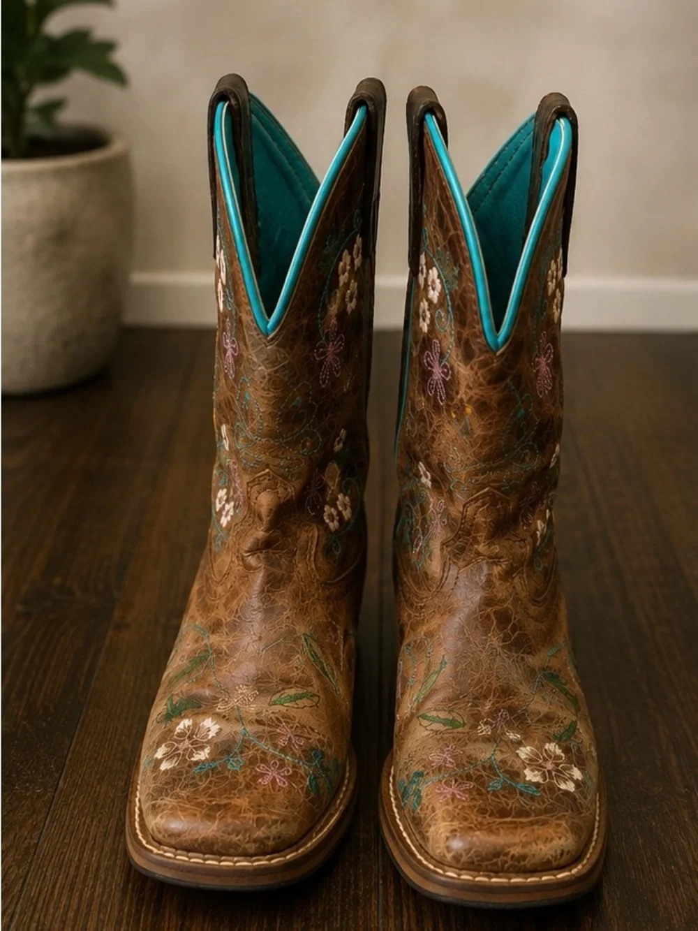 Smoky Mountain Floral Western Cowboy Boots Brown Turquoise Girls 3.5